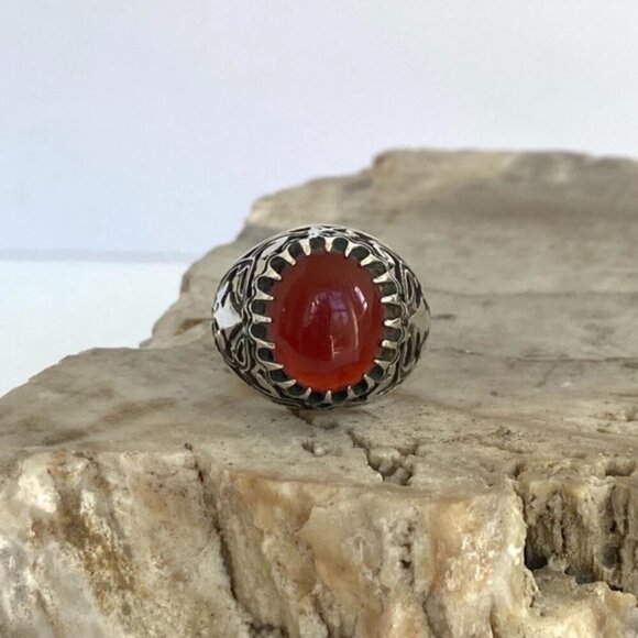 VTG 800 Silver Pierced Filigree Oval Bezel Set Red Agate Statement Ring Sz 6.25 - Picture 11 of 16